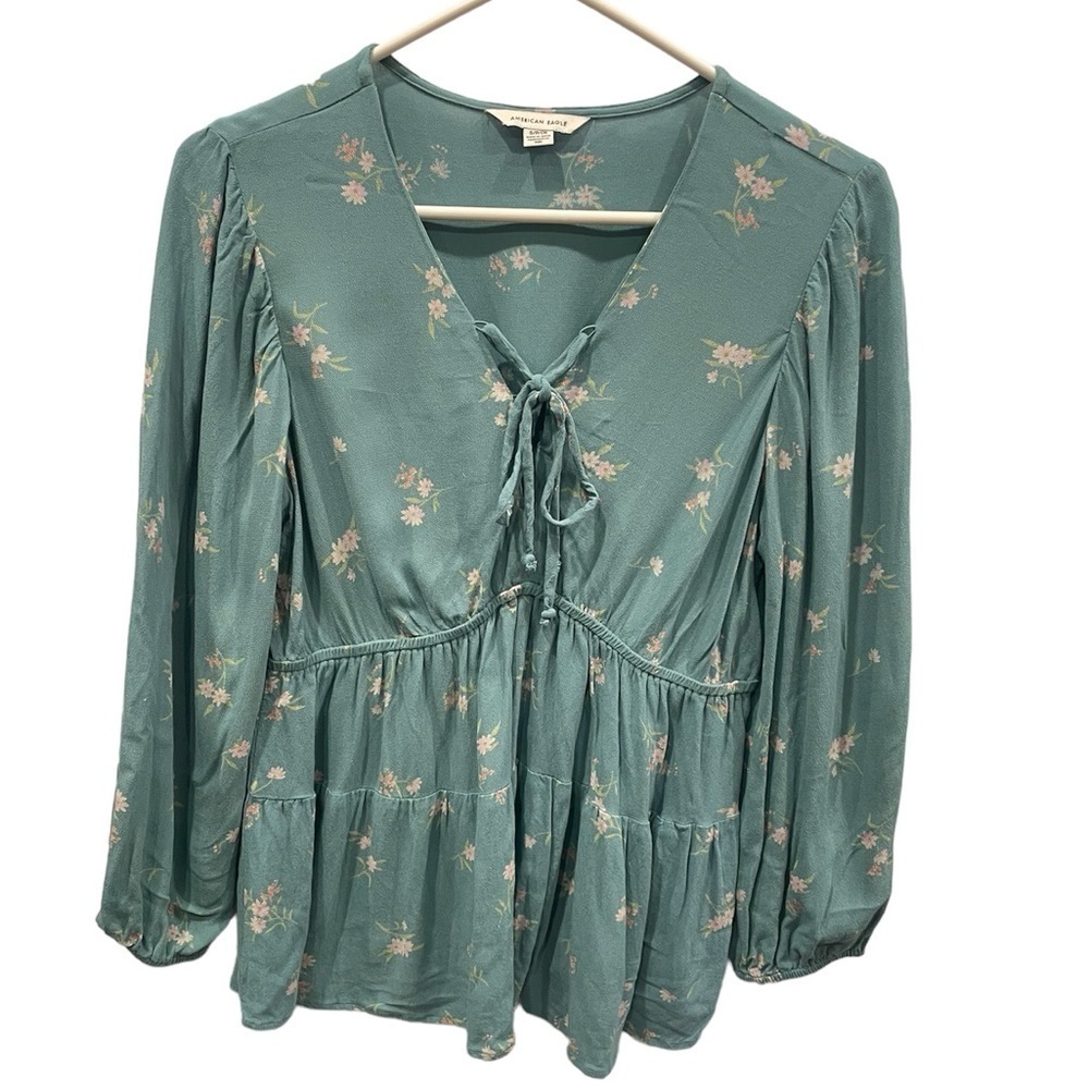 American Eagle Lightweight Floral Shirt with Peplum Hem